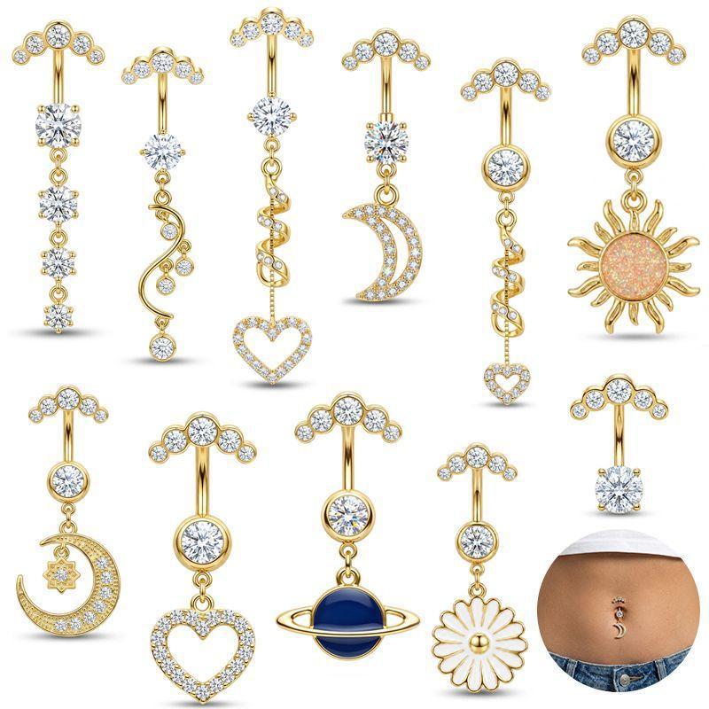 Body Jewelry For Sensitive Skin - 5 Pcs Stainless Steel Rhinestones Belly